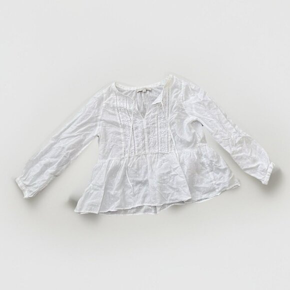 LOFT Women’s White Cotton Blouse Size Medium Embroidered V Neck Long Sleeves - Picture 2 of 6